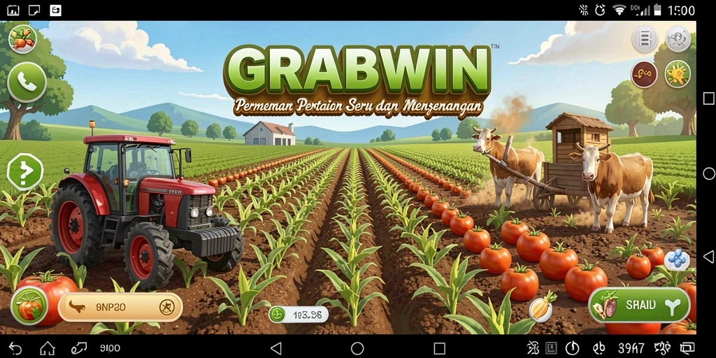 Tampilan gameplay GRABWIN yang menunjukkan aktivitas bertani yang menyenangkan.
